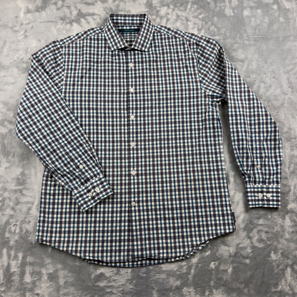 Perry Ellis Mens Large Blue Green Plaid Long Sleeve Button Down Cotton Shirt